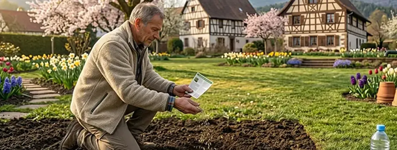Semis de graines de gazon pour regarnissage de pelouse au printemps à Strasbourg