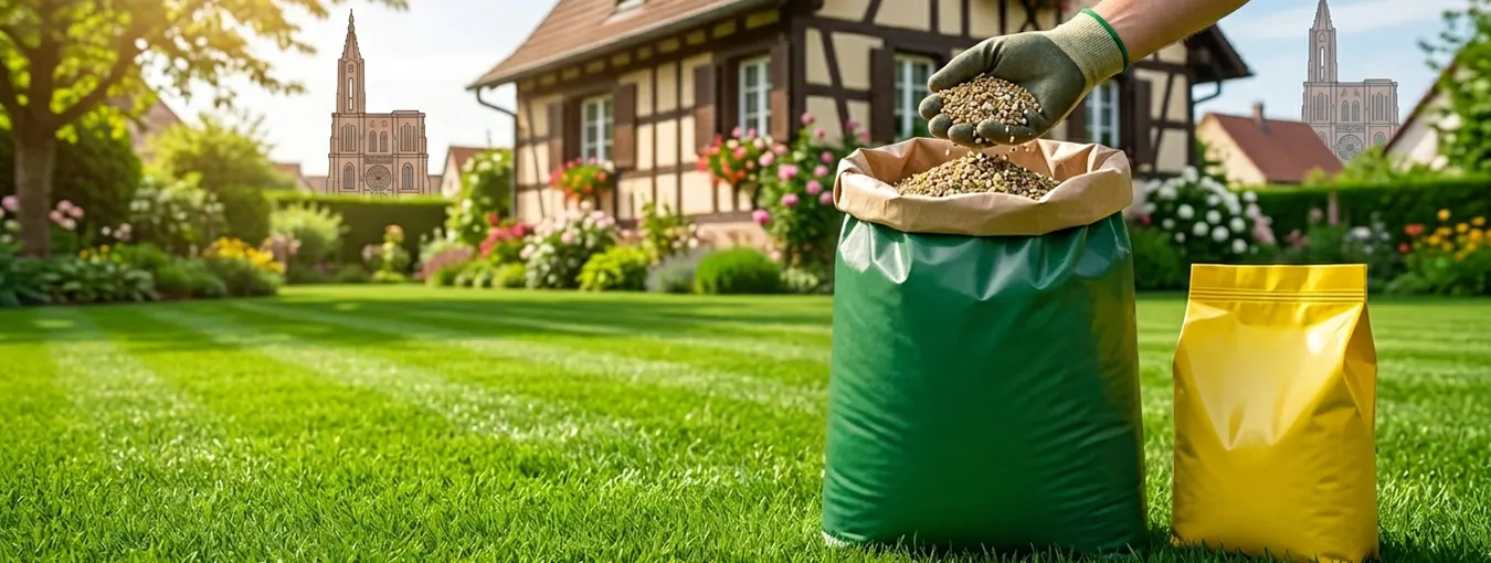 Épandage d’engrais gazon dans un jardin en Alsace pour obtenir une pelouse dense et verte près de Strasbourg